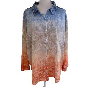 Chico's Blue/Tan/Orange Batik Print Button Front Shirt 4(XL/20)